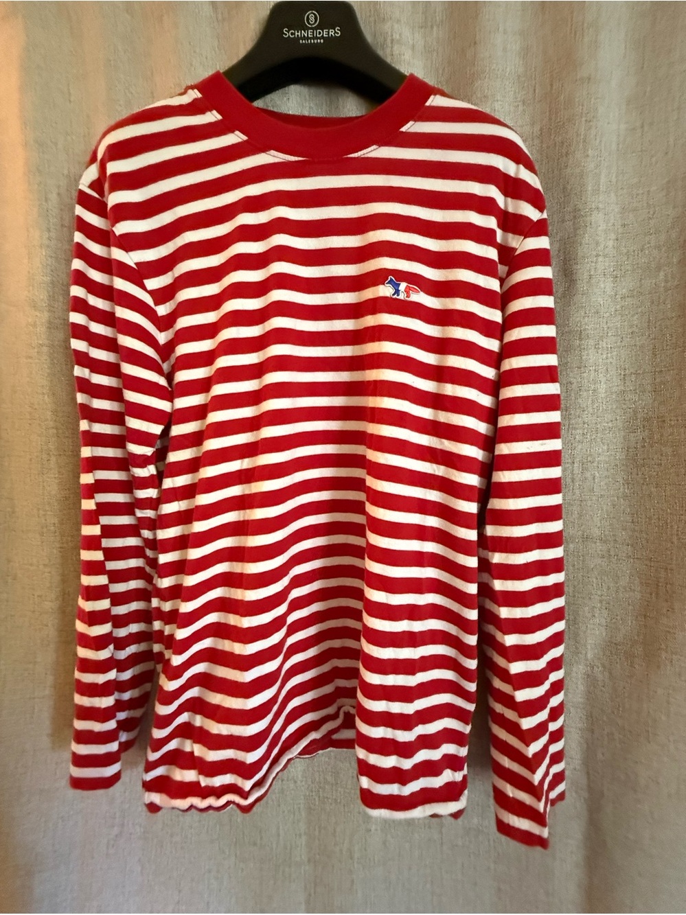 MAISON KITSUNE Maisonette Tricolour Red and White Striped Breton Tee EUC